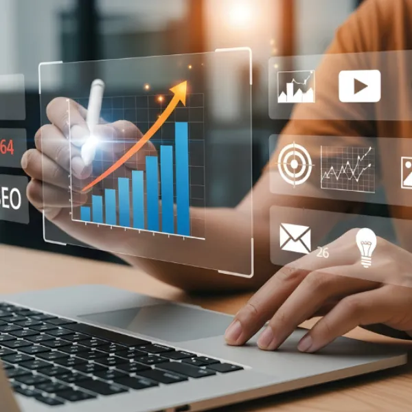 Untitled design A person is using a laptop and a stylus to interact with a holographic interface displaying a bar graph showing upward growth, social media icons with engagement numbers, and SEO-related elements.